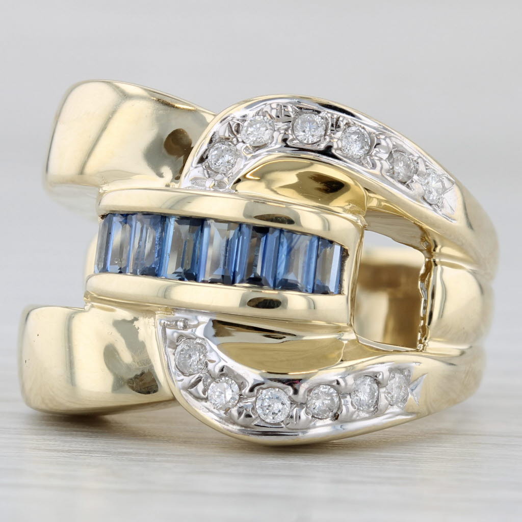 Light Gray 1.20ctw Blue Sapphire Diamond Buckle Knot Ring 14k Yellow Gold Size 8