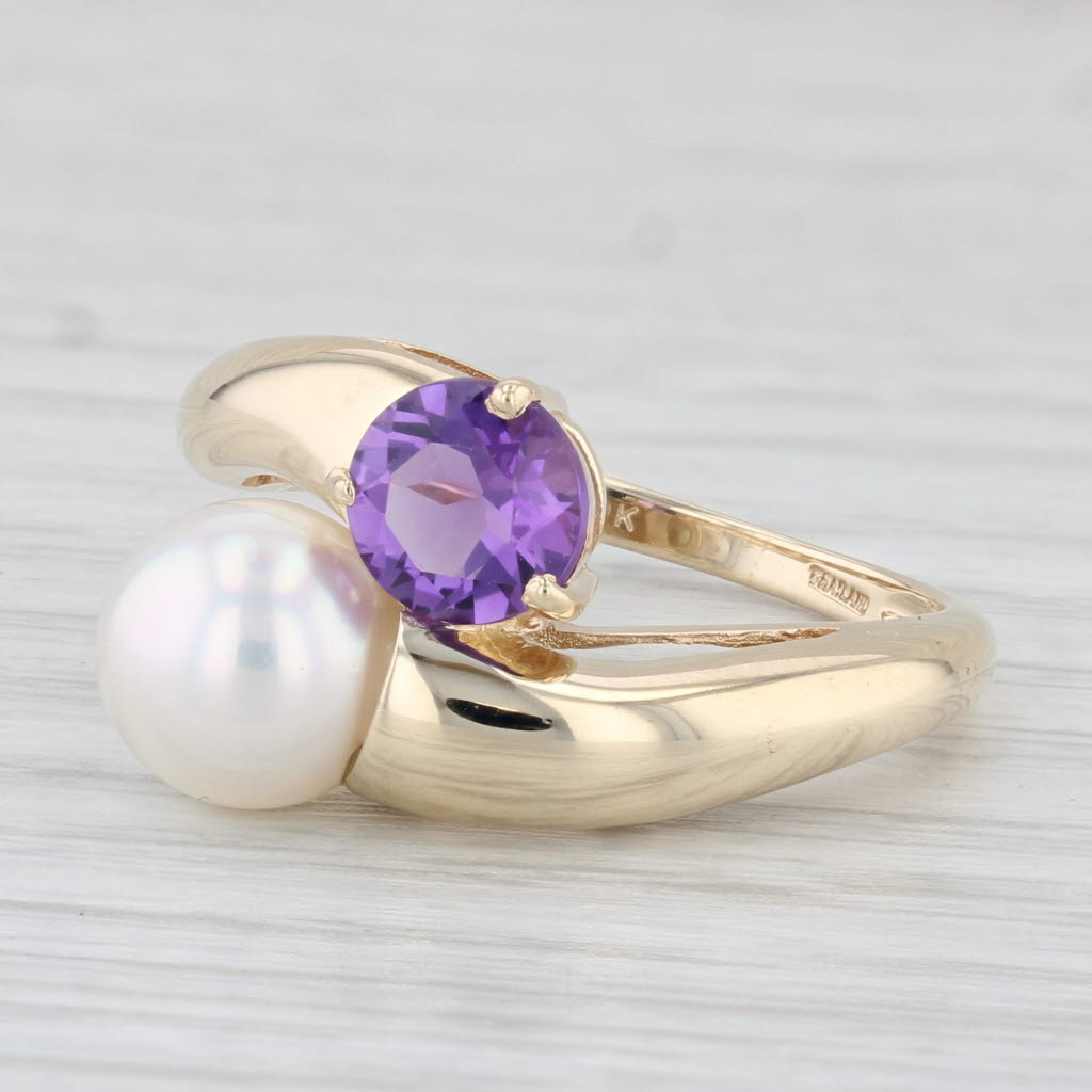 Light Gray Amethyst Cultured Pearl Bypass Ring 10k Yellow Gold Size 7