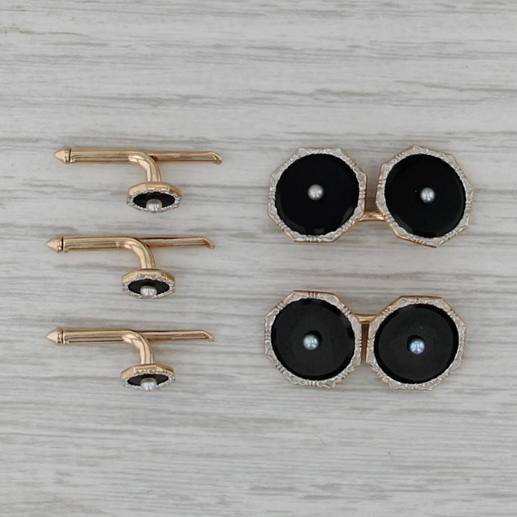Vintage Onyx Pearl Cufflinks Shirt Studs Set 14k Gold Platinum Suite Accessories