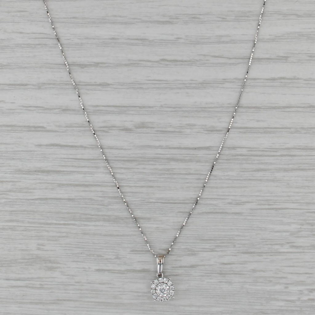 0.16ctw Diamond Halo Pendant Necklace 14k White Gold 16-18" Box Chain