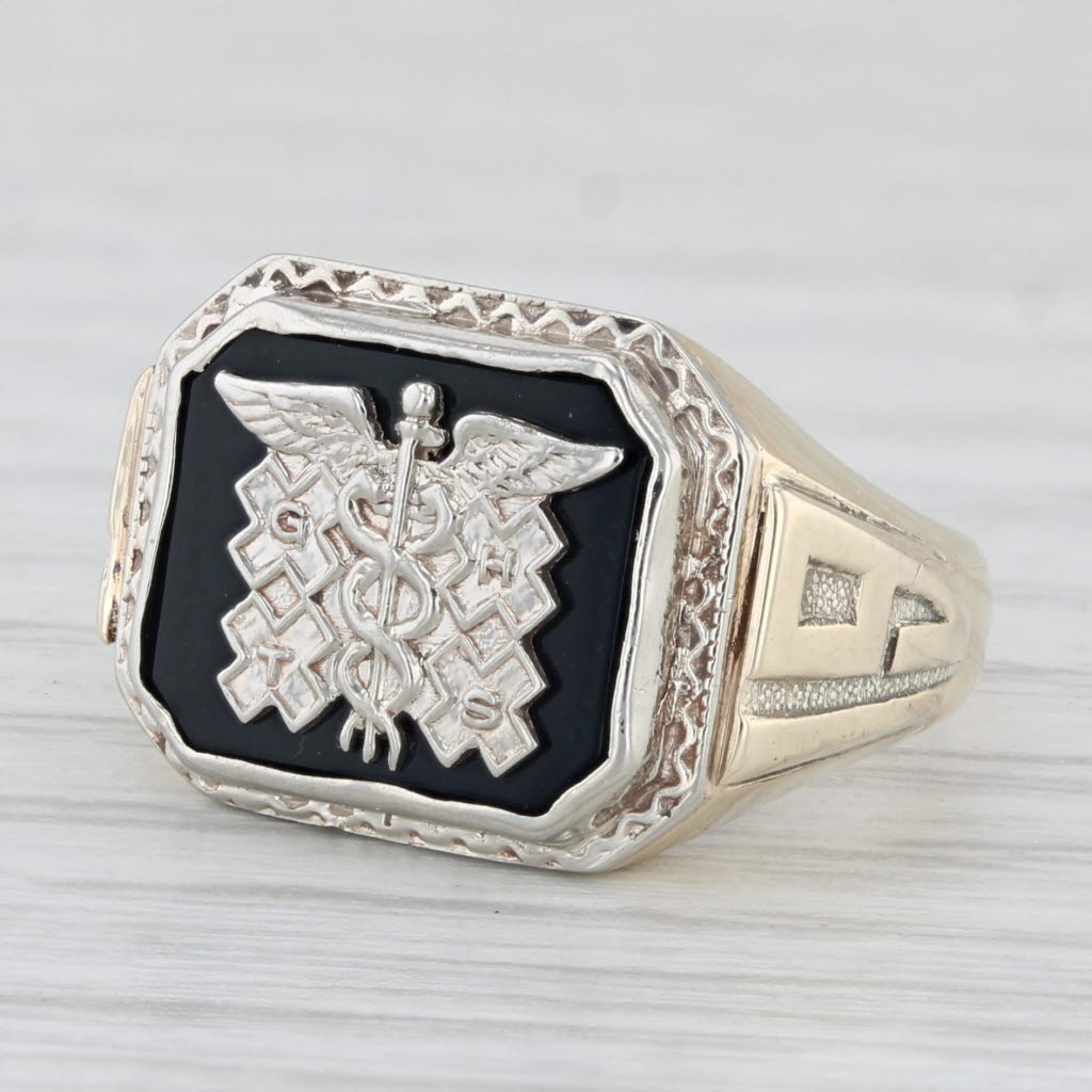 Light Gray Onyx Caduceus Class Ring 10k Gold 1937 Medical School Signet Size 3.5