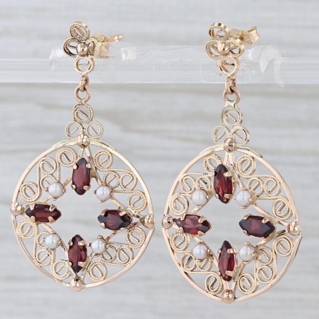 2.30ctw Garnet Seed Pearl Ornate Dangle Earrings 14k Yellow Gold Filigree