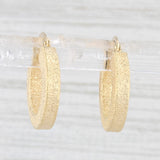 Light Gray Shimmering Brushed Hoop Earrings 14k Yellow Gold Round Hoops Snap Top
