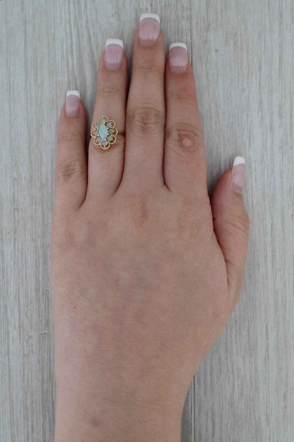 Vintage Opal Cabochon Halo Ring 10k Yellow Gold Size 5.25