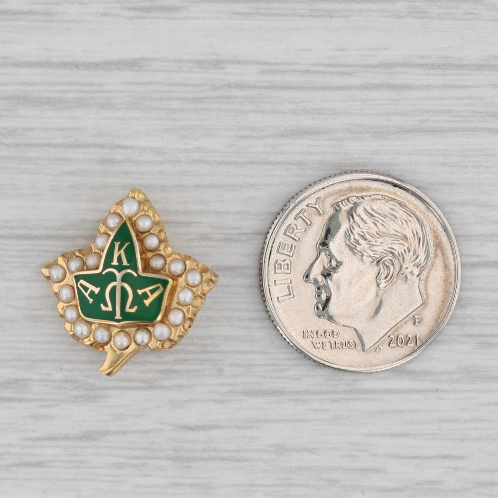 Gray Alpha Kappa Alpha Sorority Leaf Badge 10k Gold Pearl Enamel Vintage Greek Pin