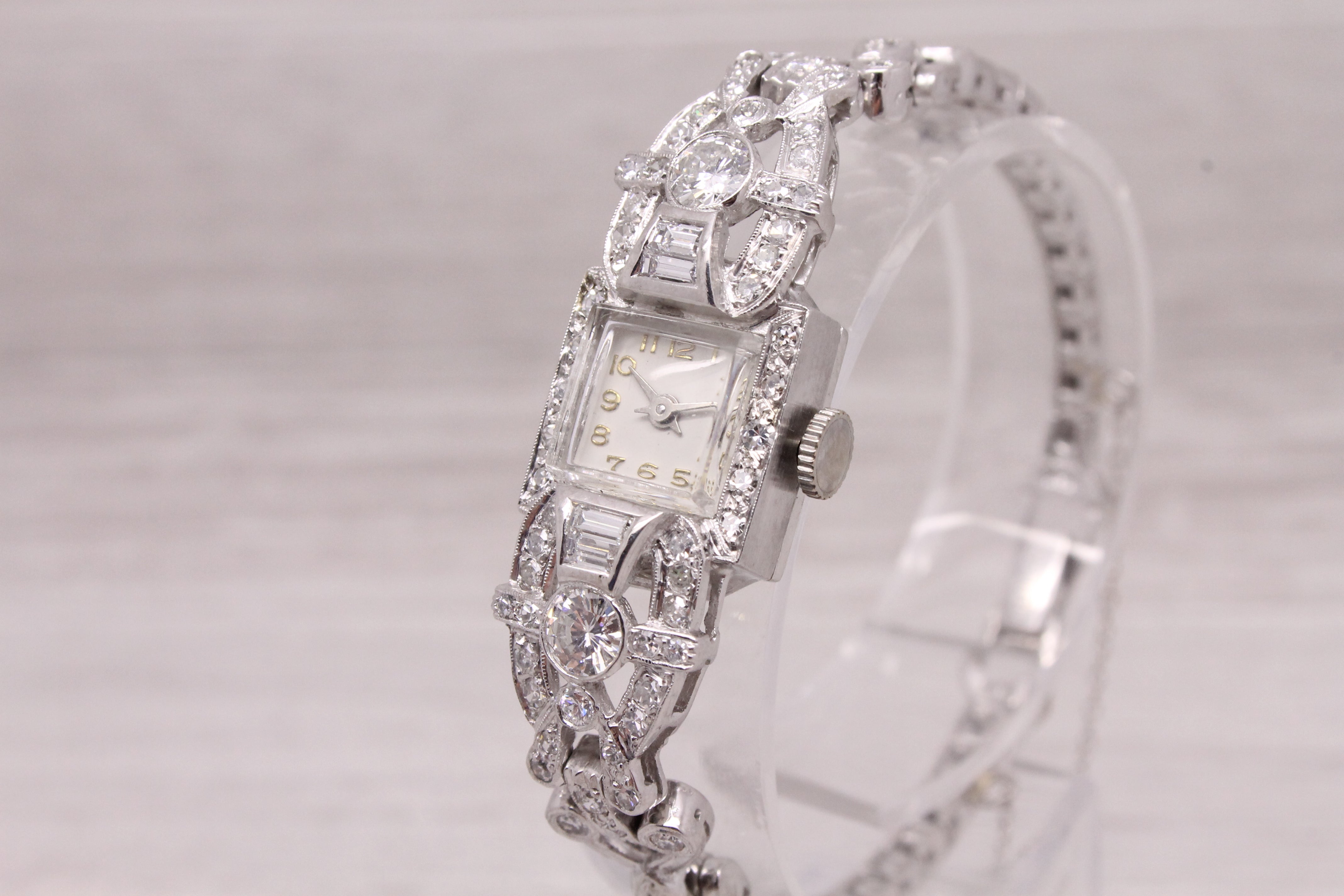 Gray Vintage Ladies Platinum & 14k Gold Diamond Deco Cocktail Dress Watch 1.60ctw