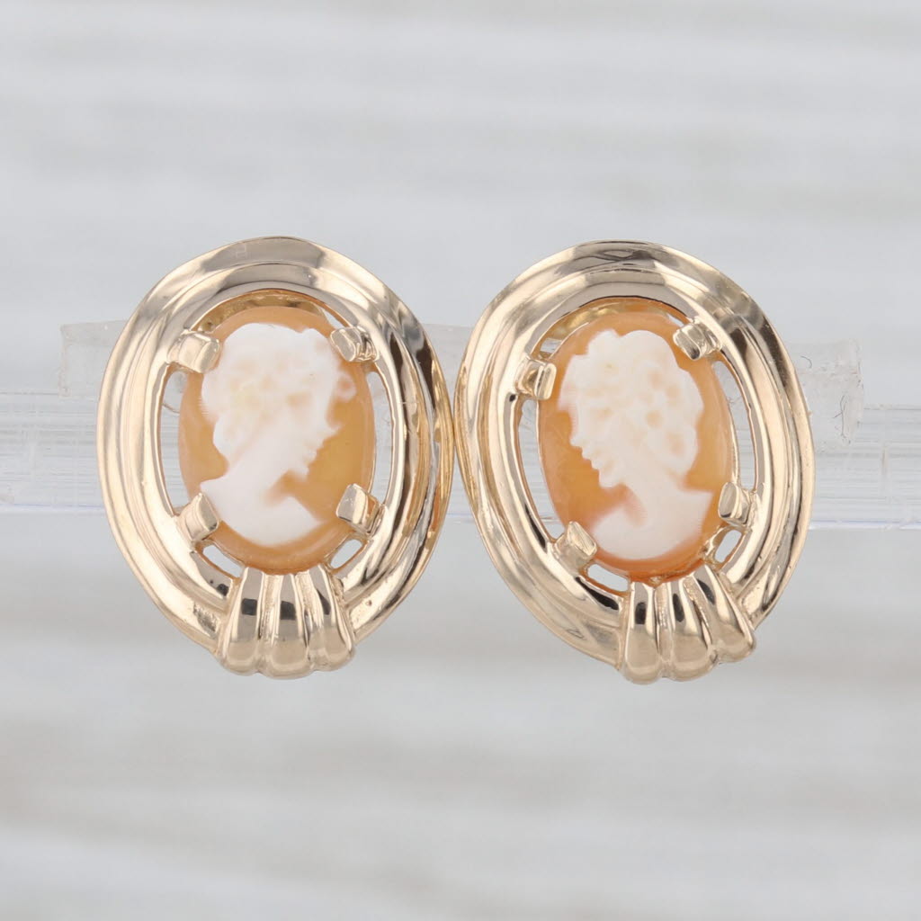 Oval Carved Shell Cameo Stud Earrings 14k Yellow Gold Figural Studs