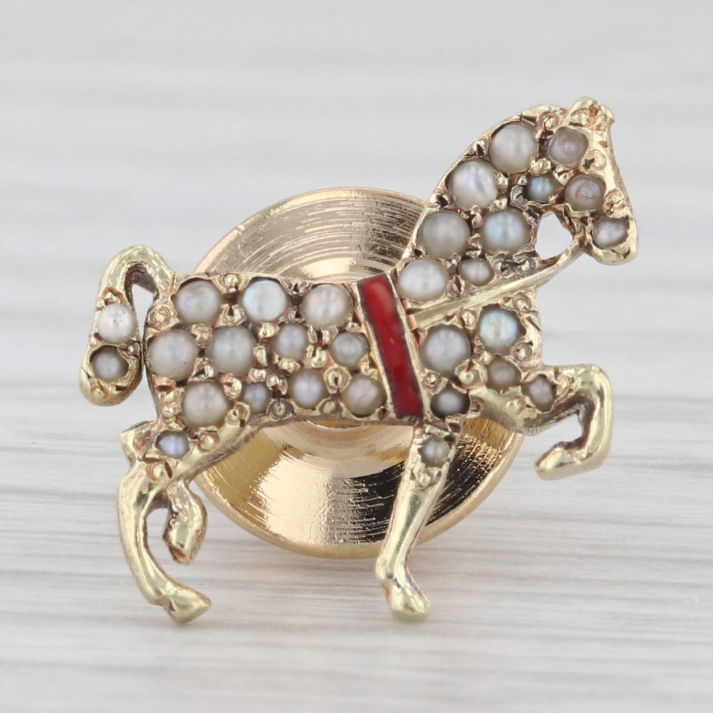 Light Gray Vintage Seed Pearl Enamel Horse 14K Yellow Gold Lapel Pin