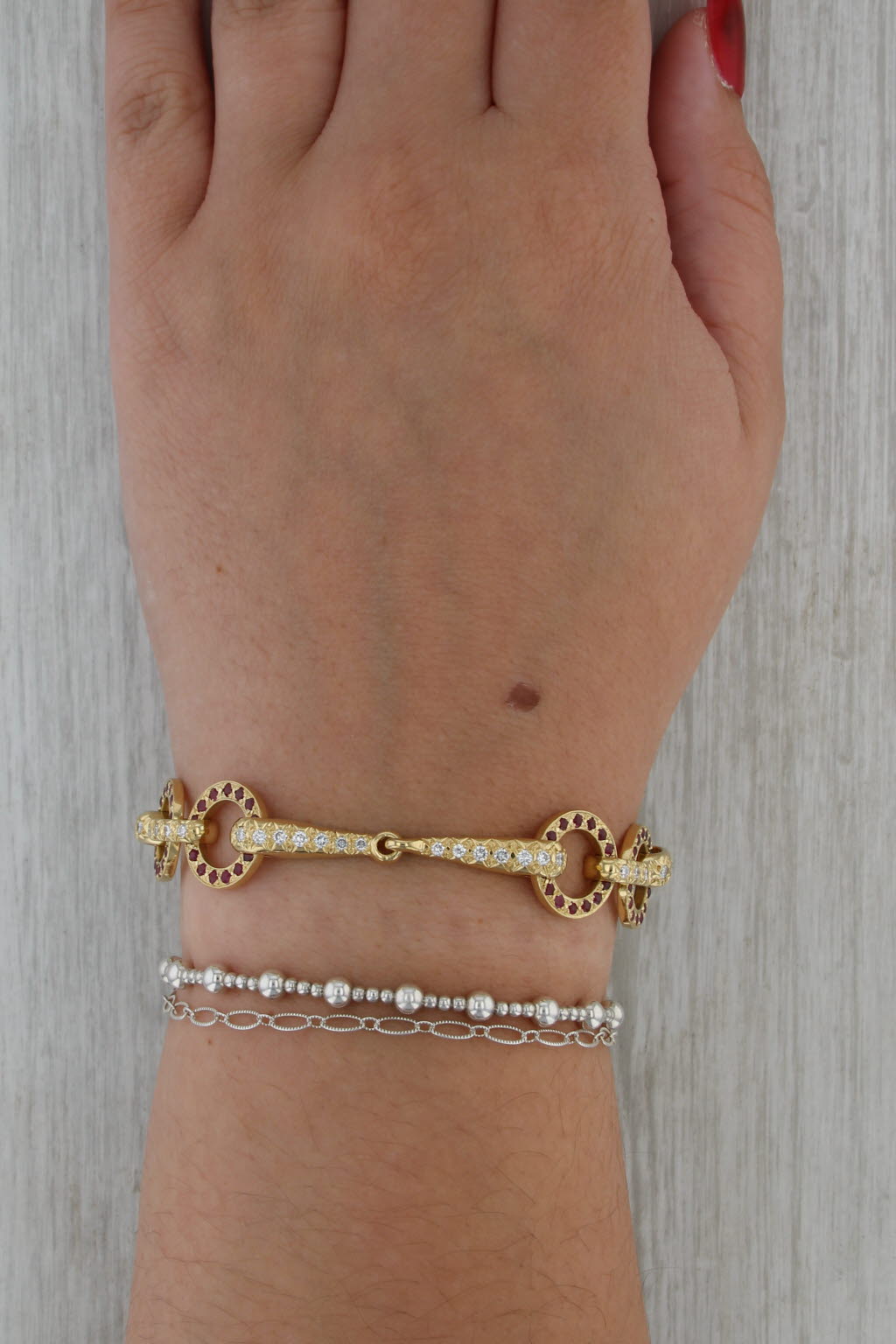 4ctw Ruby Diamond Bar & Circle Links Bracelet 18k Yellow Gold 7"