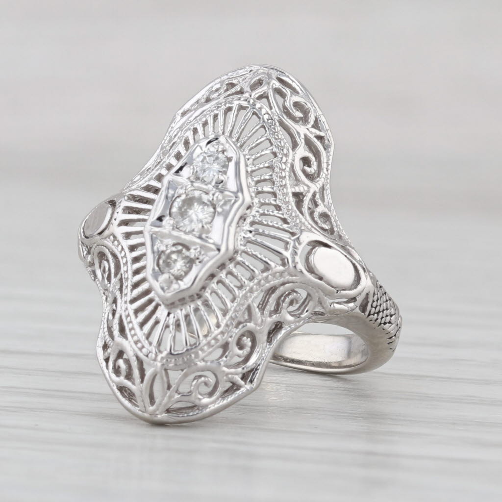 Vintage Art Deco 0.12ctw Diamond 3-Stone Filigree Ring 10k White Gold Size 5.25