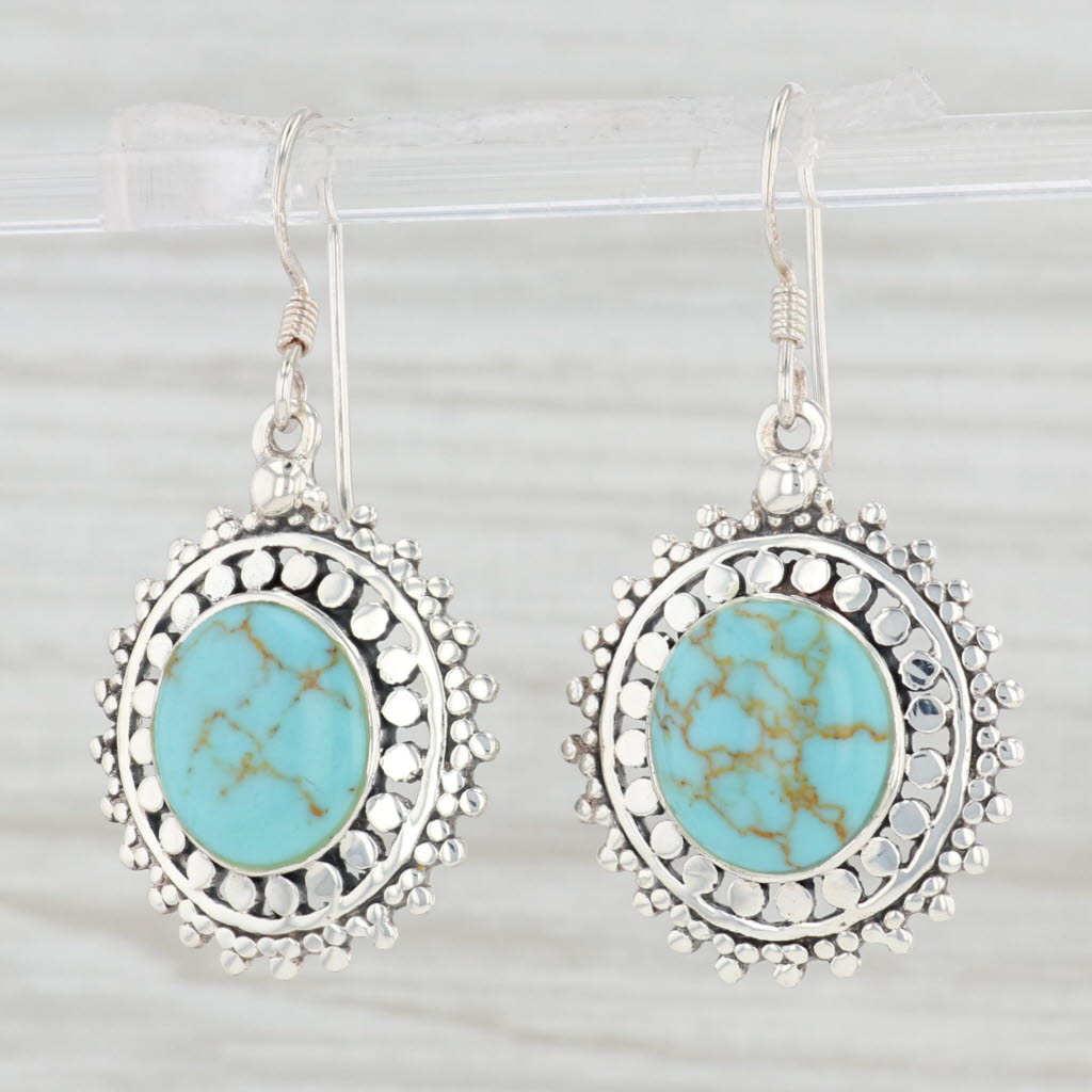 Light Gray Turquoise Dangle Earrings Sterling Silver Hook Posts Round Cabochons Drops