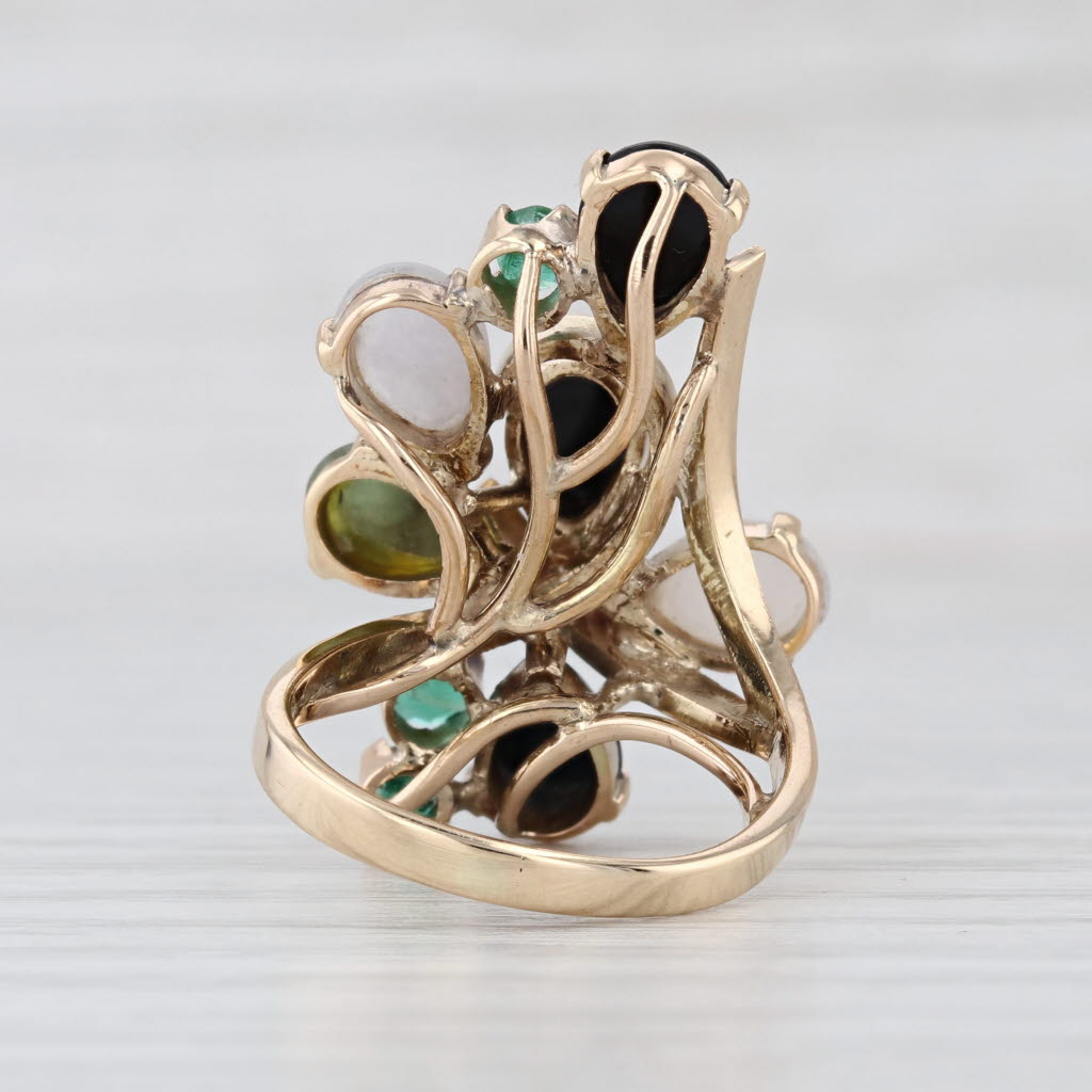 Jade Emerald Onyx Cabochon Cocktail Ring 14k Yellow Gold Size 4