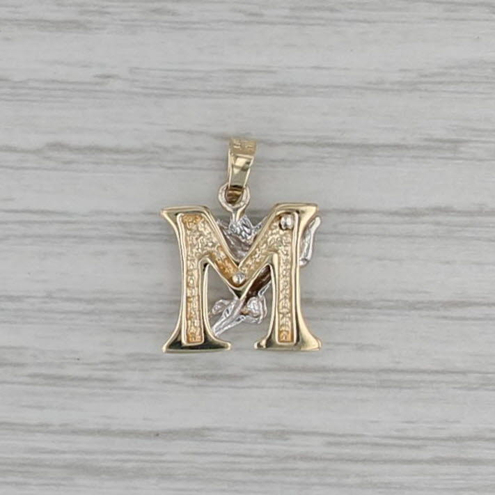 Initial Letter M Cherub Guardian Angel Pendant 14k White Yellow Gold