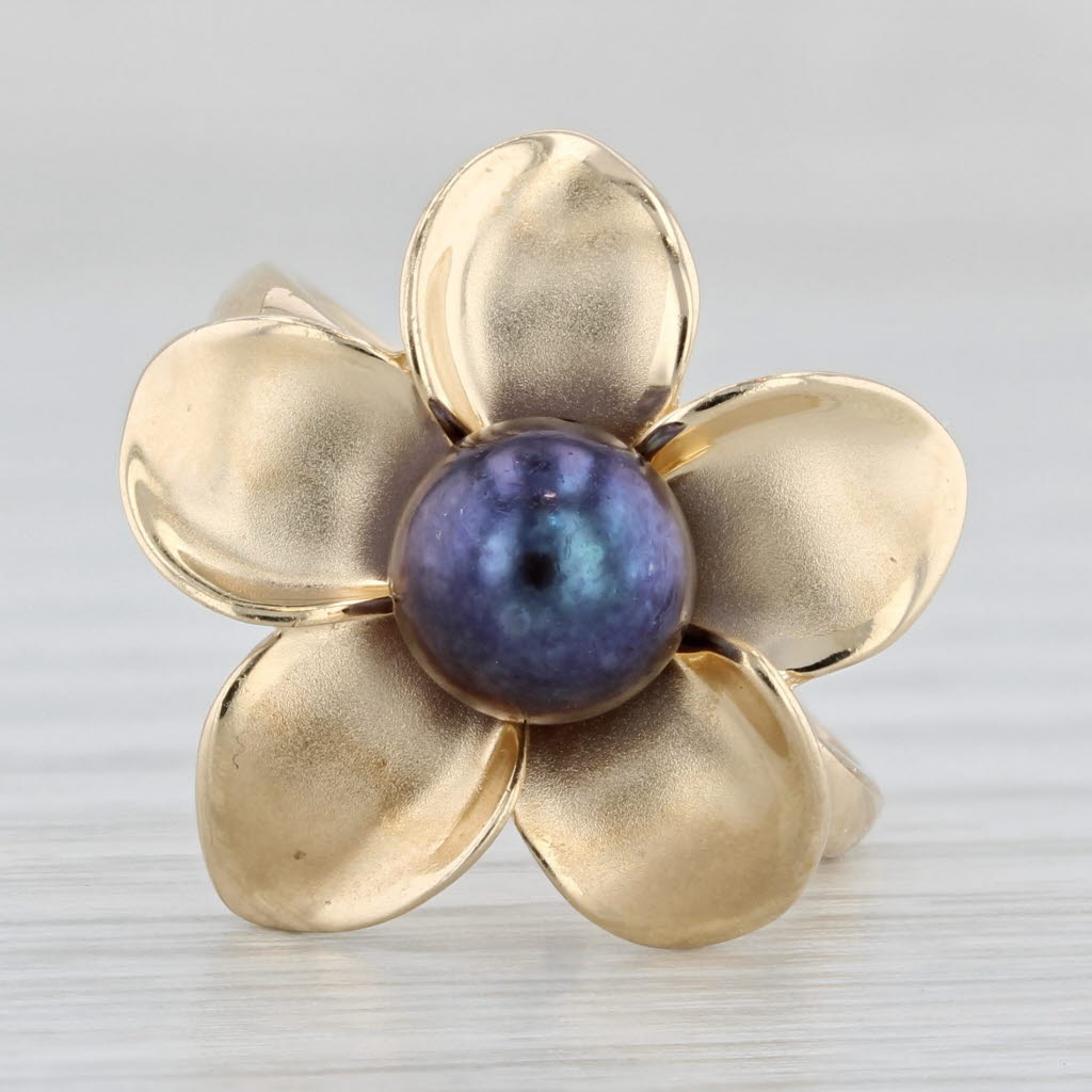 Light Gray Black Cultured Pearl Flower Ring 14k Yellow Gold Size 6 Floral Statement