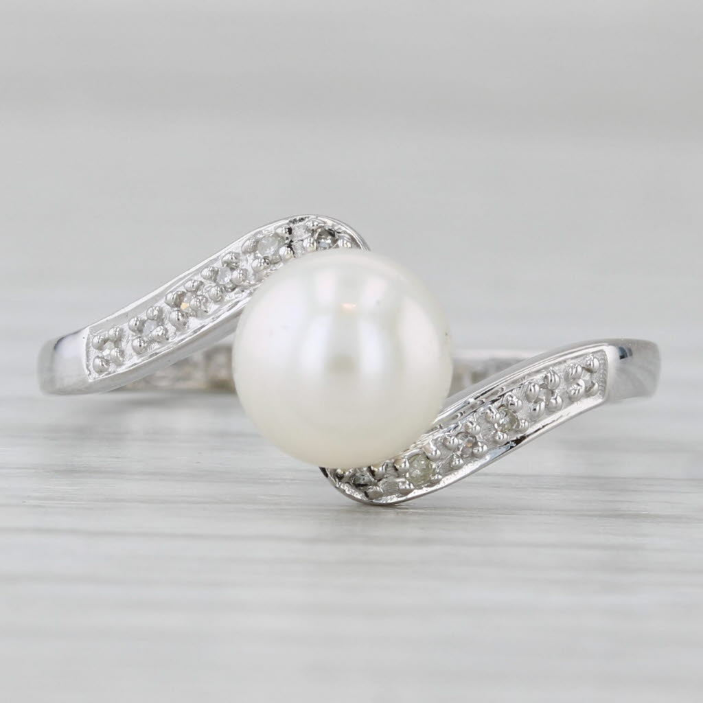 Gray Cultured Pearl Diamond Bypass Ring 14k White Gold Size 7.5