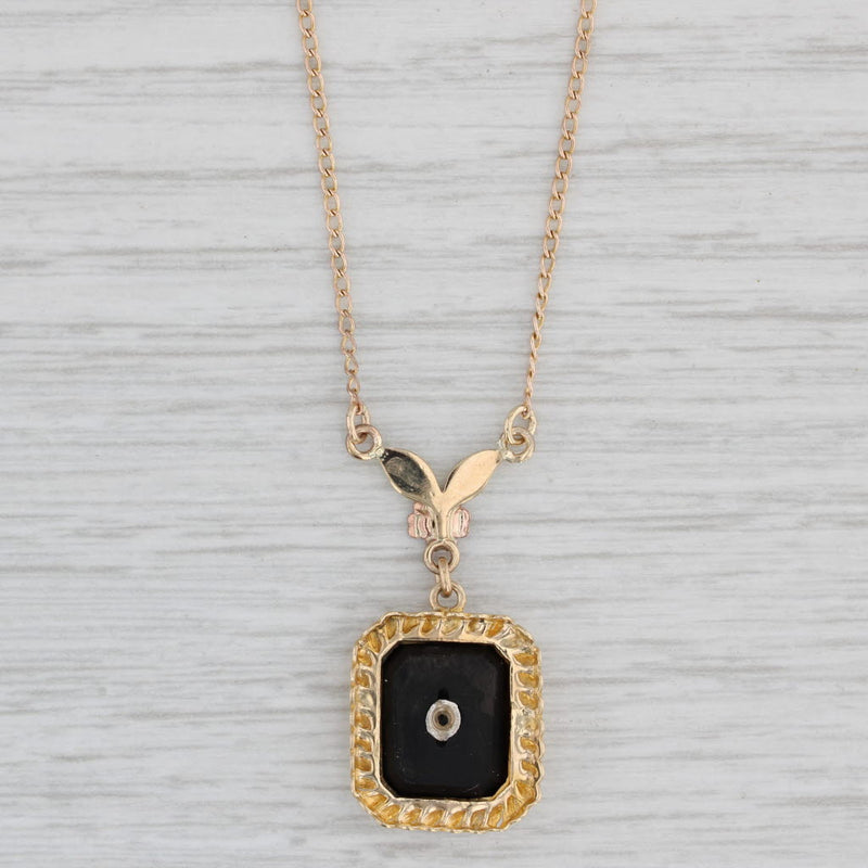 Vintage Onyx Diamond Floral Pendant Necklace 10k Yellow Gold 16.5" Curb Chain