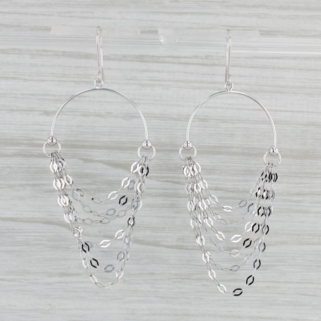 Gray Chain Dangle Hoop Earrings 18k White Gold Hook Posts Round Hoops