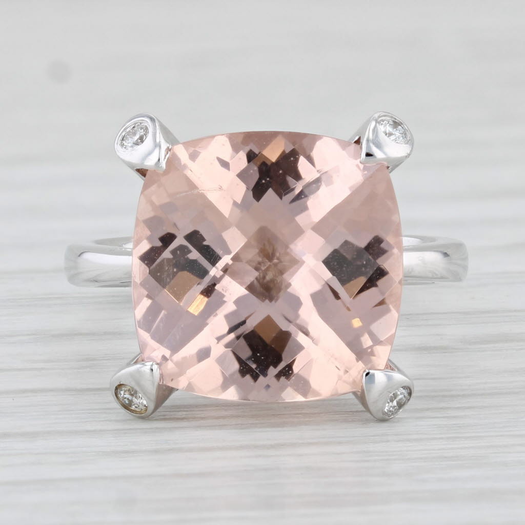 Light Gray 10.28ctw Peach Morganite Diamond Ring 14k White Gold Size 6.5 Cushion Solitaire