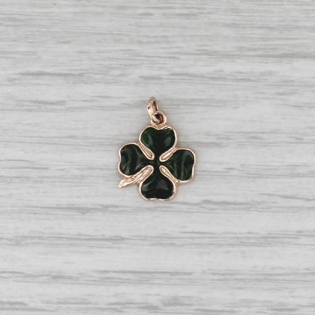 Green Enamel Shamrock Charm 14k Yellow Gold 4-Leaf Clover Pendant
