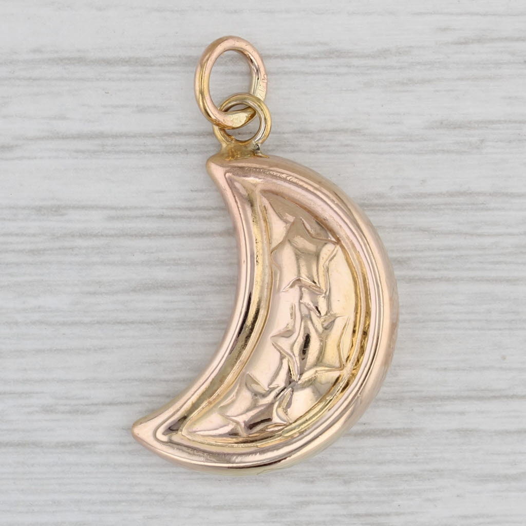 Gray Crescent Moon & Stars Pendant 14k Yellow Gold Charm