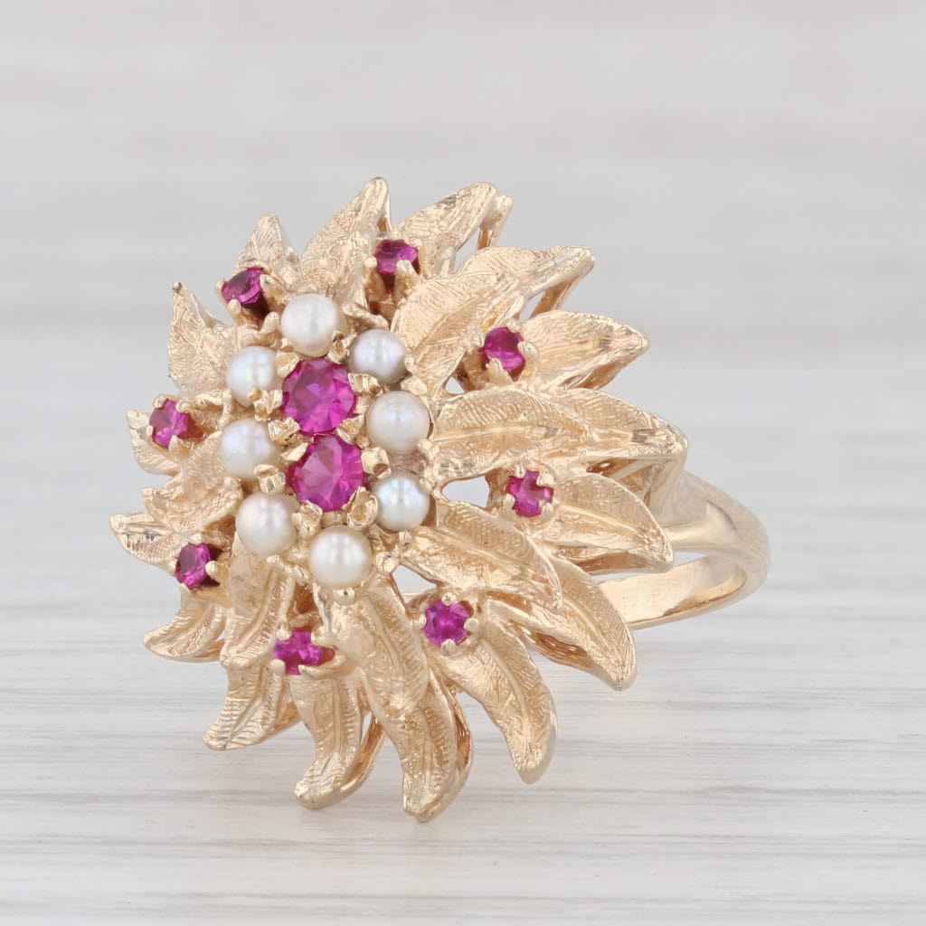 Light Gray Vintage Cultured Pearl Lab Created Ruby Flower Ring 14k Yellow Gold Cocktail