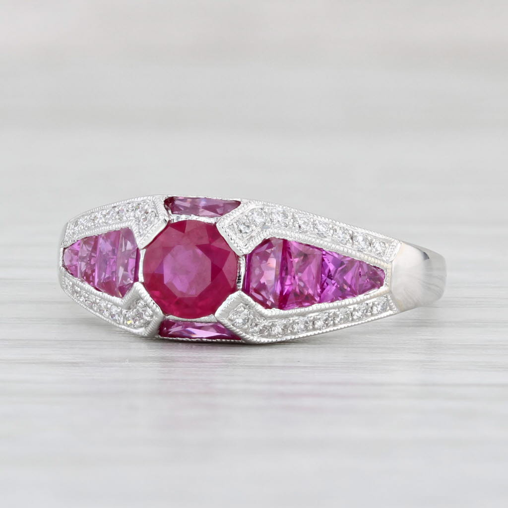 Light Gray New Beverley K 1.85ctw Ruby Diamond Ring 14k White Gold Size 7.25 Art Deco Style