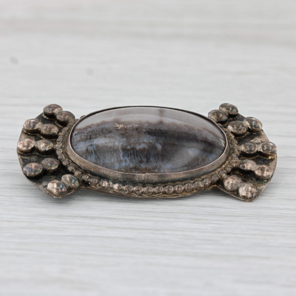 Light Gray Vintage Marbled Agate Brooch Sterling Silver Pin