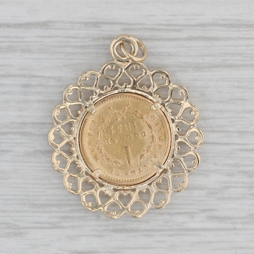 Gray Authentic One Dollar 1851 Liberty Head Coin Pendant 14k 900 Yellow Gold
