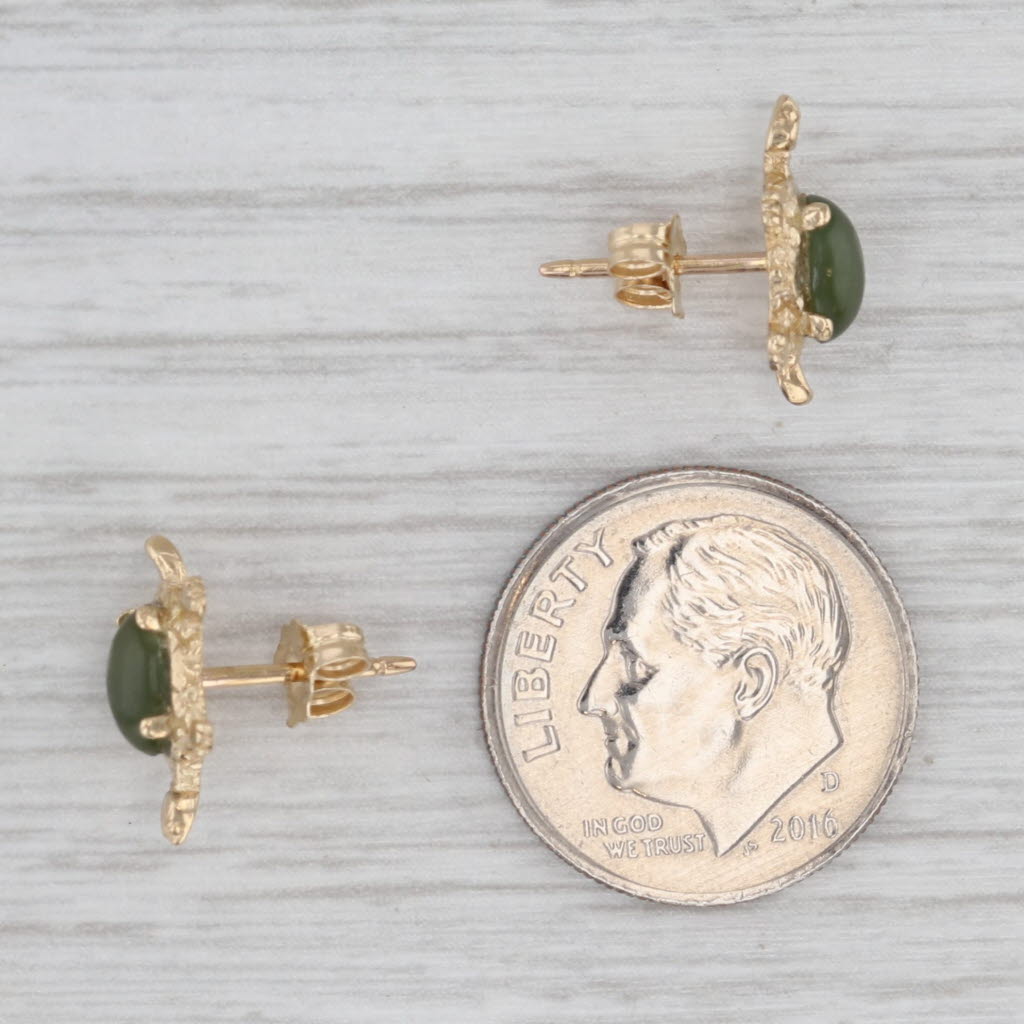 Light Gray Green Nephrite Jade Turtle Stud Earrings 14k Yellow Gold Oval Cabochons