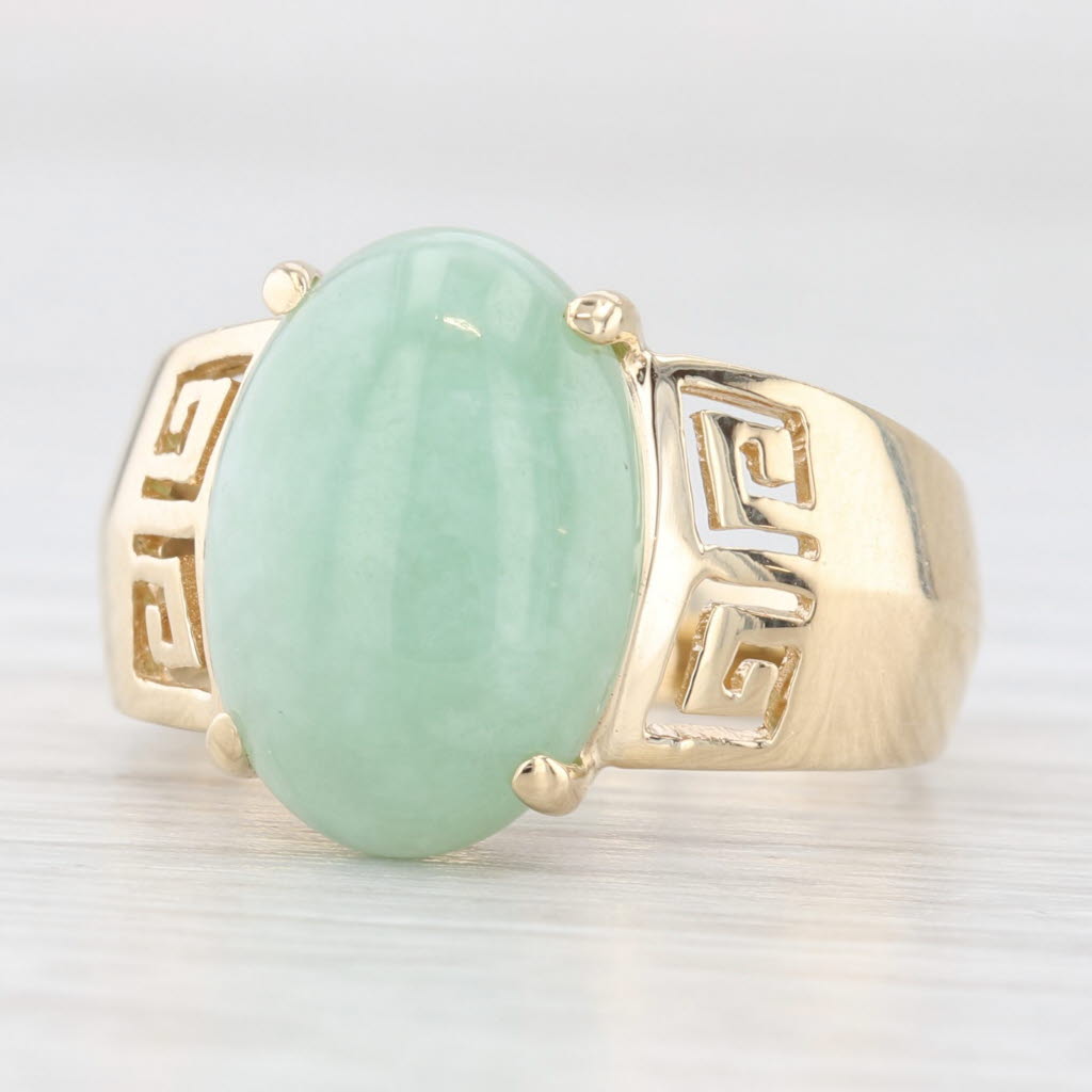 Light Gray Green Jadeite Jade Oval Cabochon Ring 14k Gold Greek Key Pattern Size 6.25