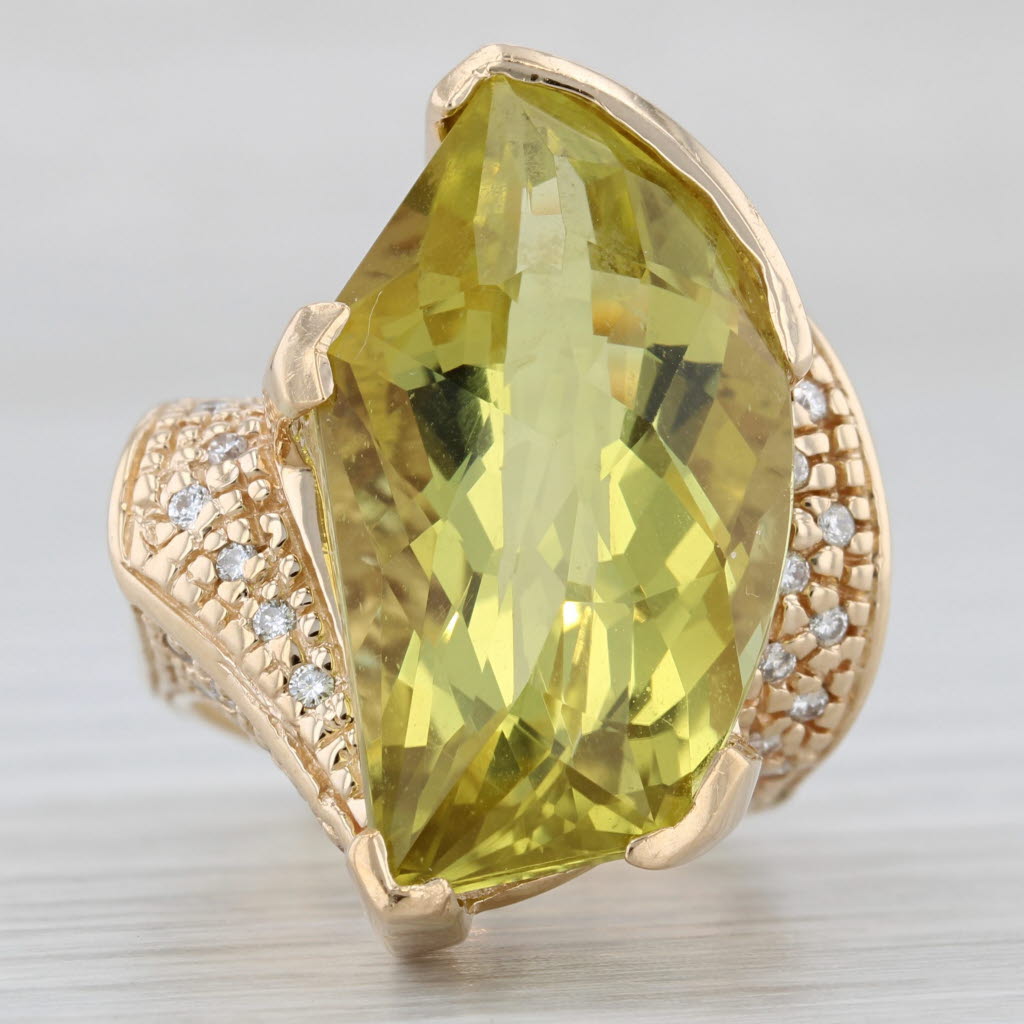 Light Gray Lemon Quartz Leaf Diamond Cocktail Bypass Ring 14k Yellow Gold Size 5