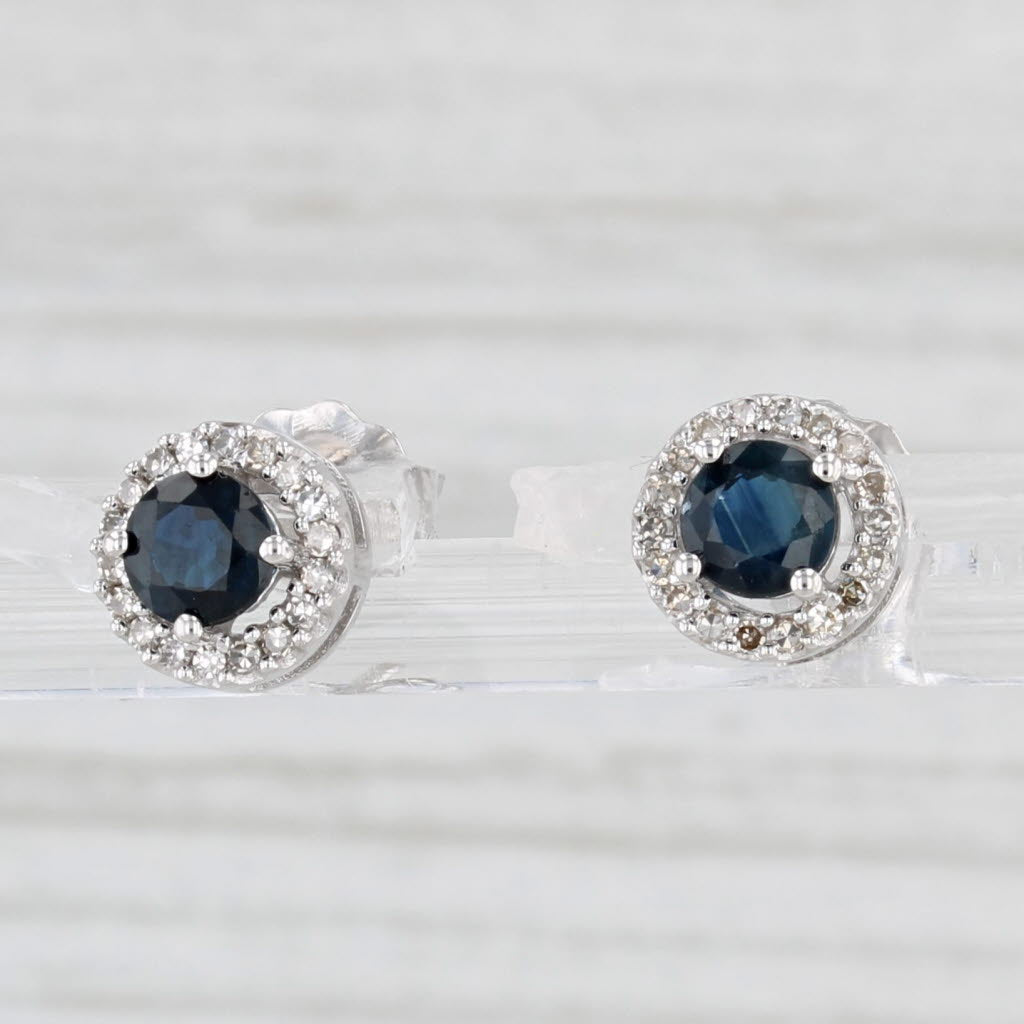 Light Gray 0.77ctw Round Blue Sapphire Diamond Halo Stud Earrings 10k White Gold