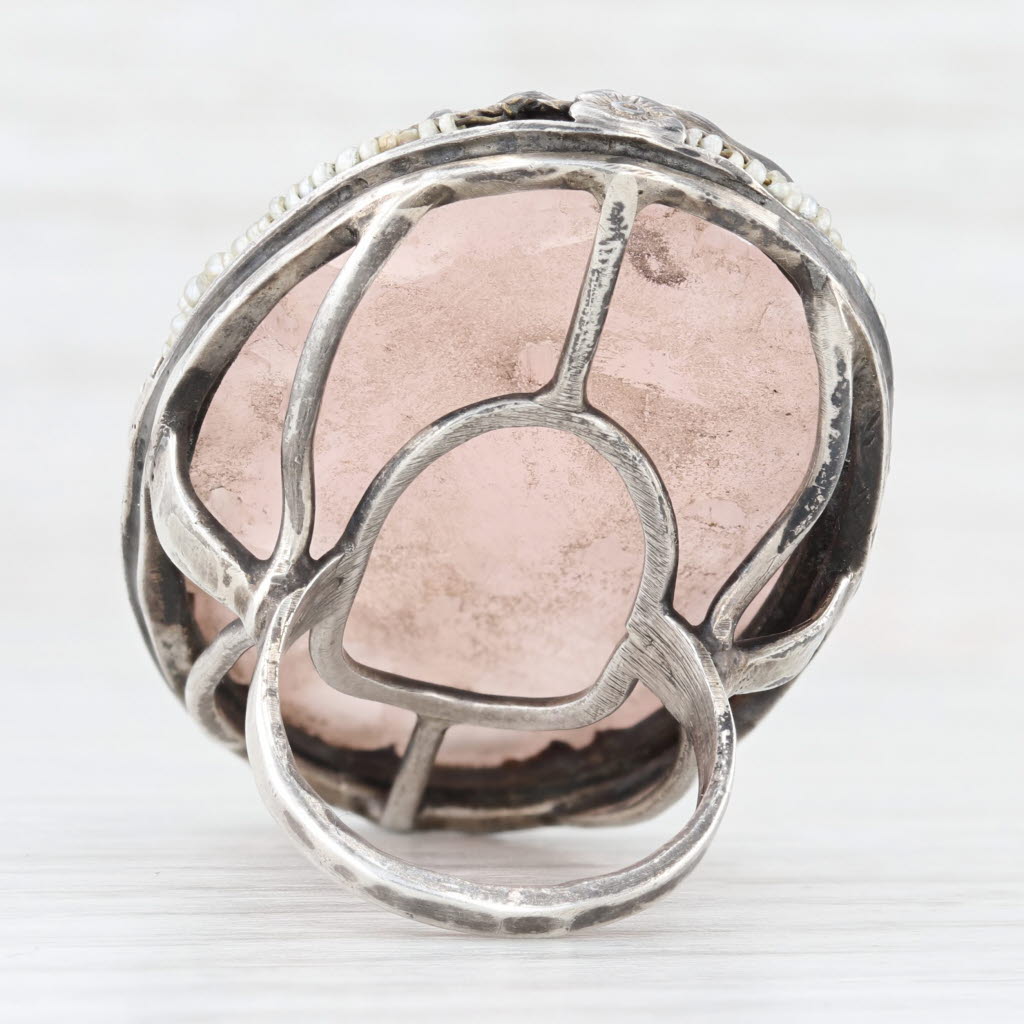 Light Gray Vintage Floral Carved Rose Quartz Pearl Ring Sterling Silver Statement AS IS