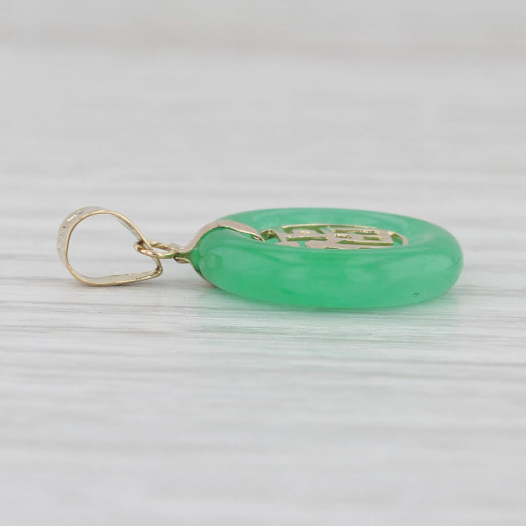 Chinese Good Luck Torus Pendant 14k Yellow Gold Green Jadeite Jade