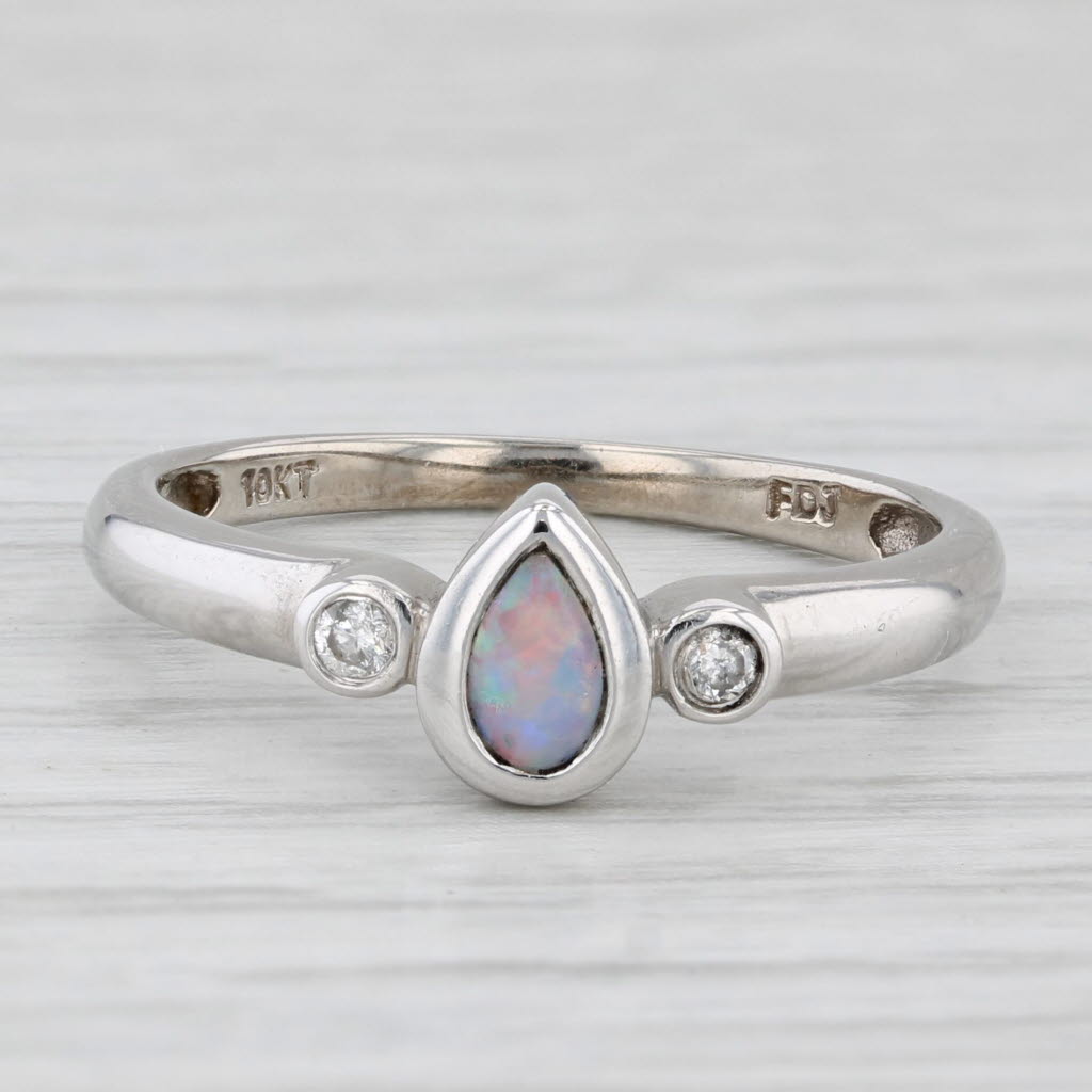 Light Gray Opal Diamond Teardrop Ring 10k White Gold Size 6.75 Pear Cabochon Solitaire