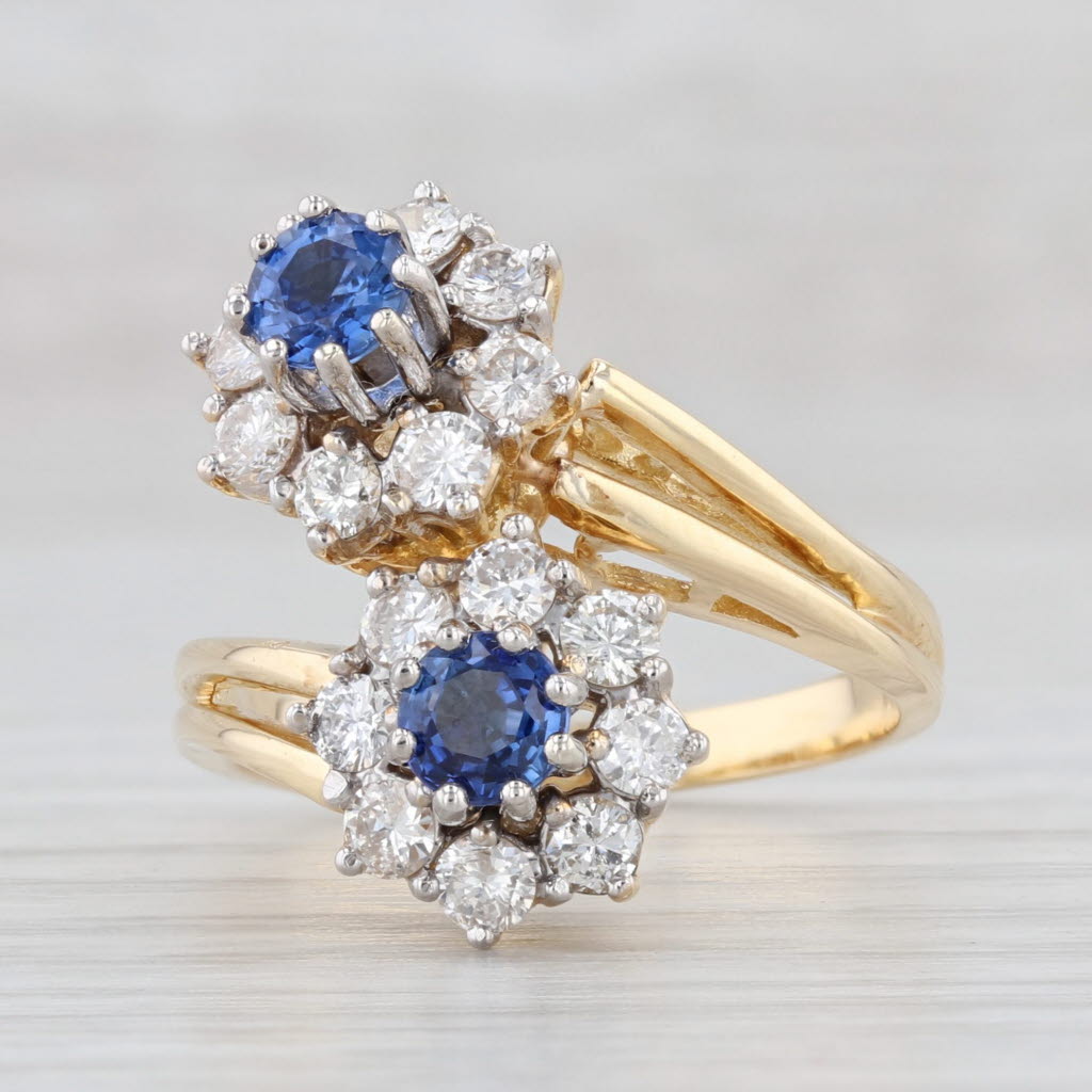 Light Gray 1.30ctw Blue Sapphire Diamond Flower Bypass Ring 18k Yellow Gold Size 6.25