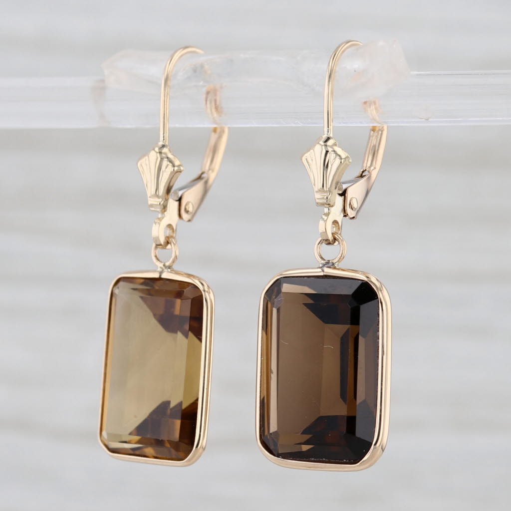 14.20ctw Smoky Quartz Dangle Earrings 14k Yellow Gold Lever Backs