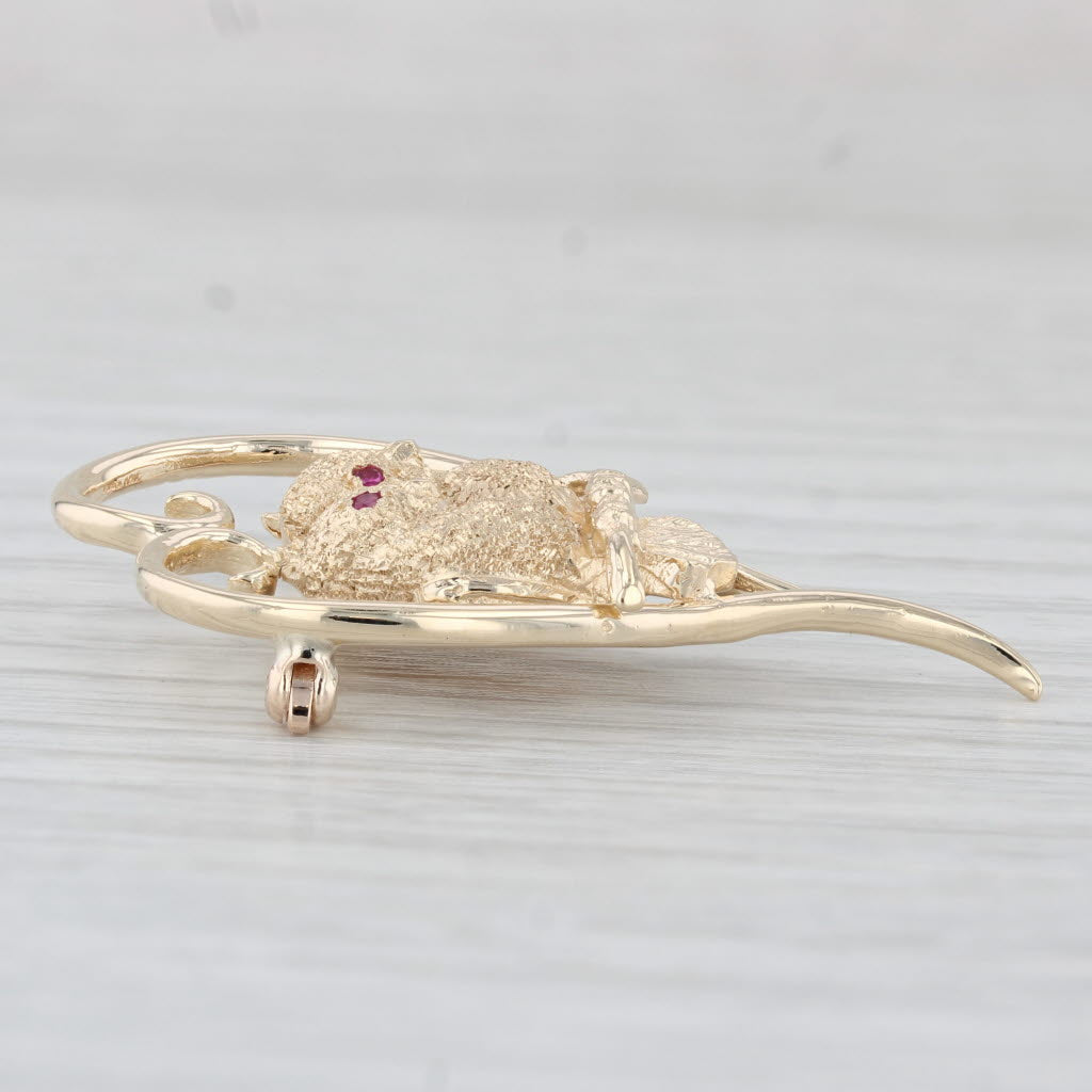 Light Gray Vintage Love Birds Heart Brooch 14k Yellow Gold Pin Lab Created Rubies