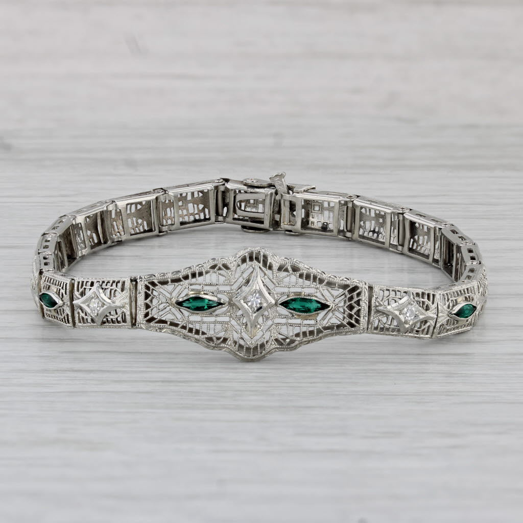 Gray Art Deco Diamond Imitation Emerald Filigree Bracelet 14k White Gold 7"