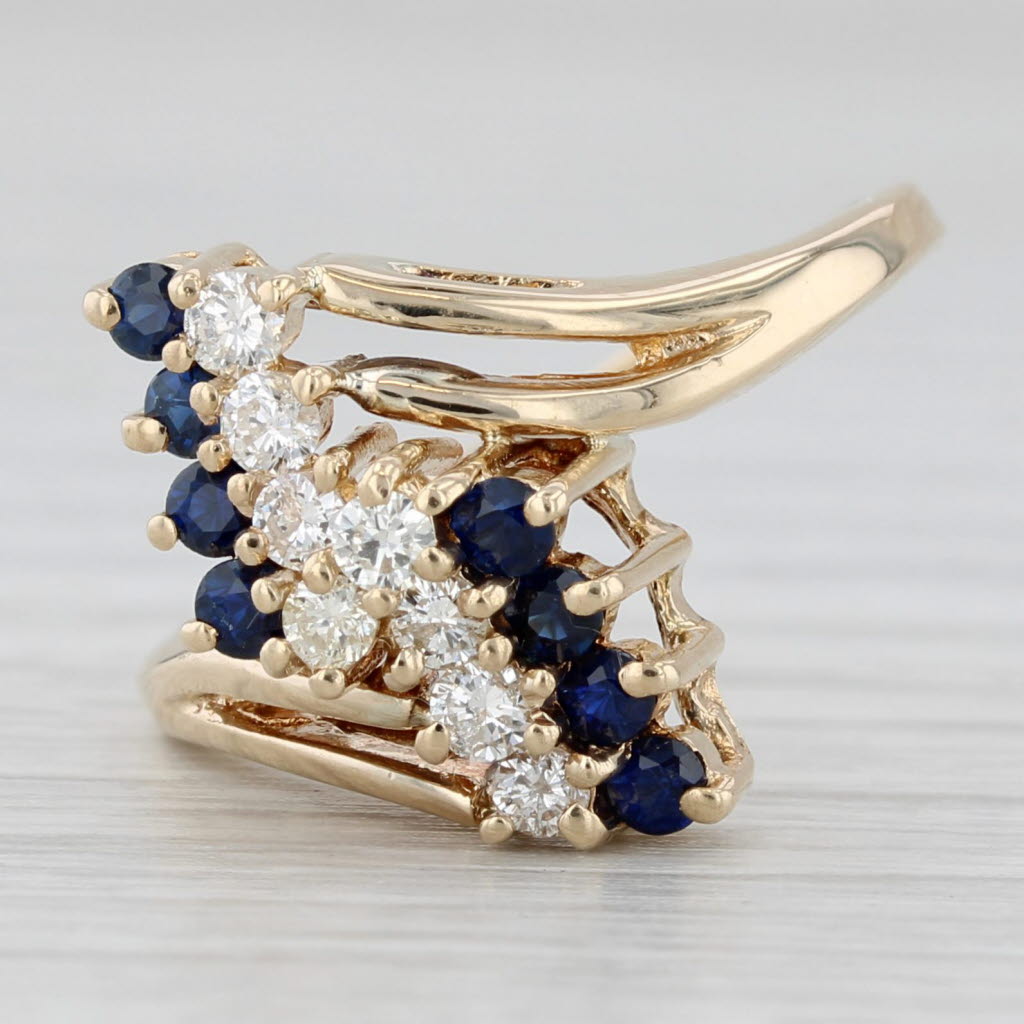 Light Gray 0.56ctw Blue Sapphire Diamond Cluster Bypass Ring 10k Yellow Gold Size 6.5