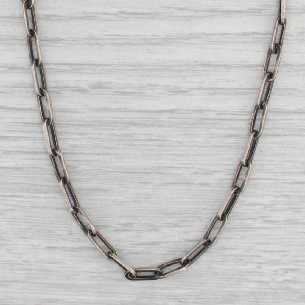 Elongated Cable Paperclip Chain Necklace Sterling Silver Antique Patina 24.25"