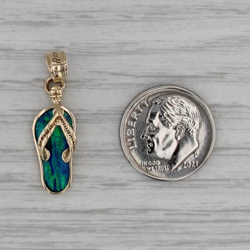 Blue Green Lab Created Opal Flip Flop Pendant 10k Yellow Gold Charm