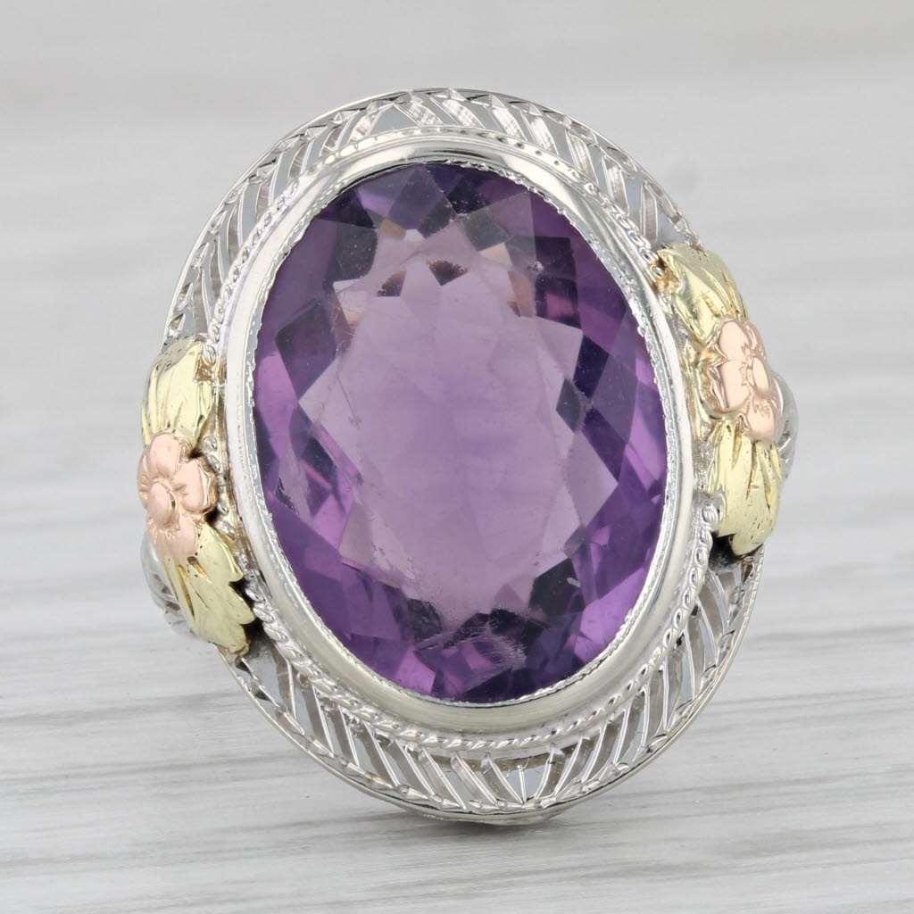 Gray Art Deco 7ct Amethyst Ring 14k Gold Size 6.5 Vintage Filigree Oval Solitaire