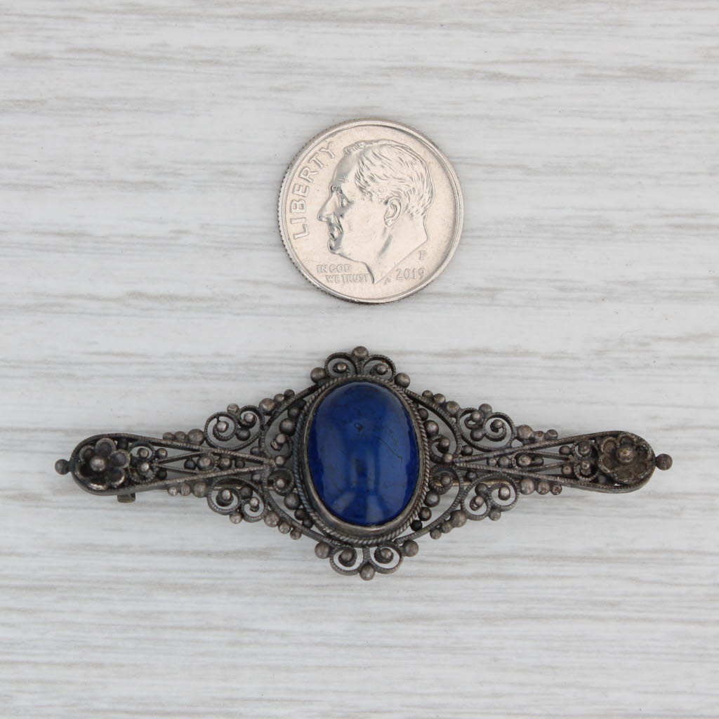 Light Gray Antique Blue Glass Filigree Pin 800 Silver Ornate Brooch