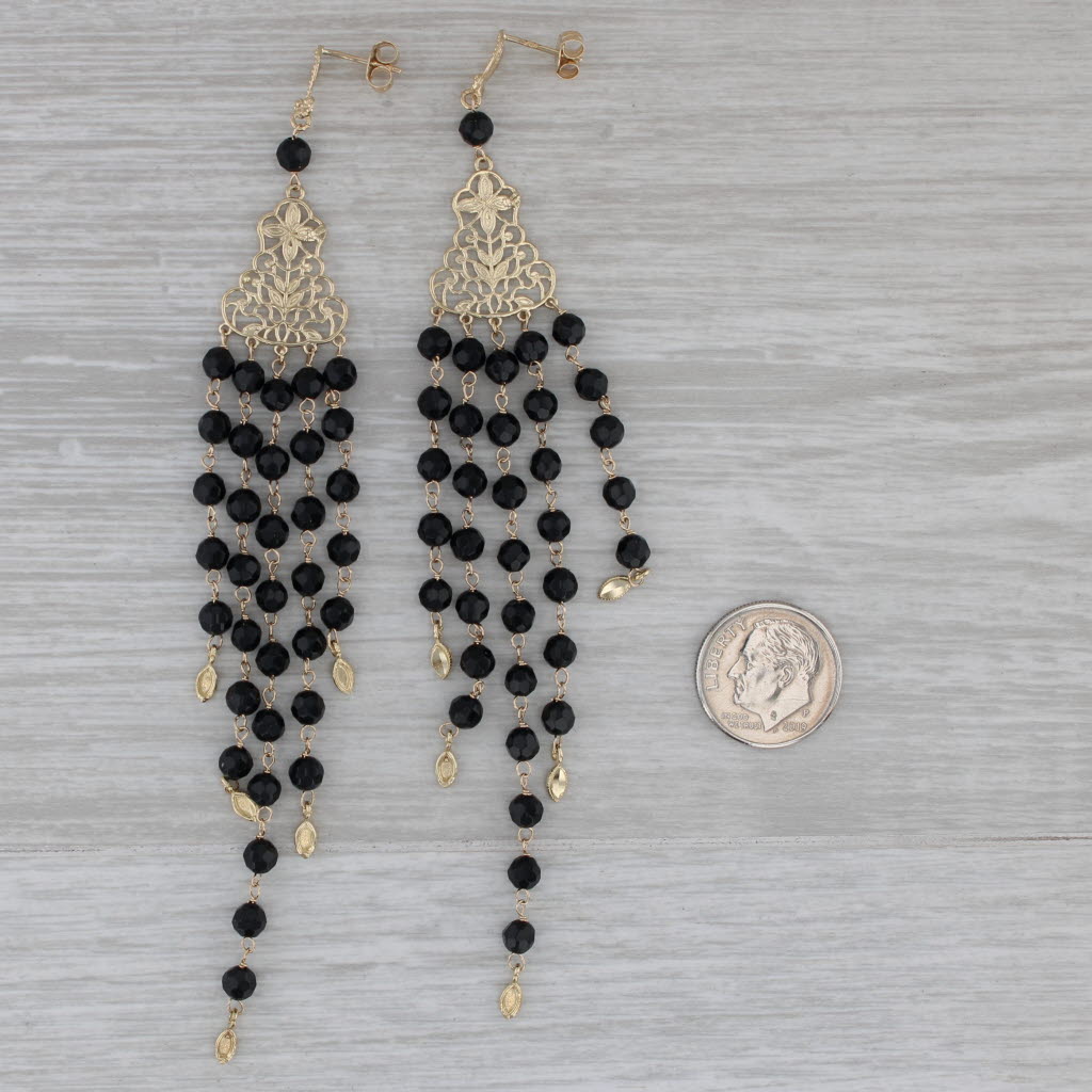 Dark Gray Onyx Bead Dangle Earrings 14k Yellow Gold Chandelier Statement