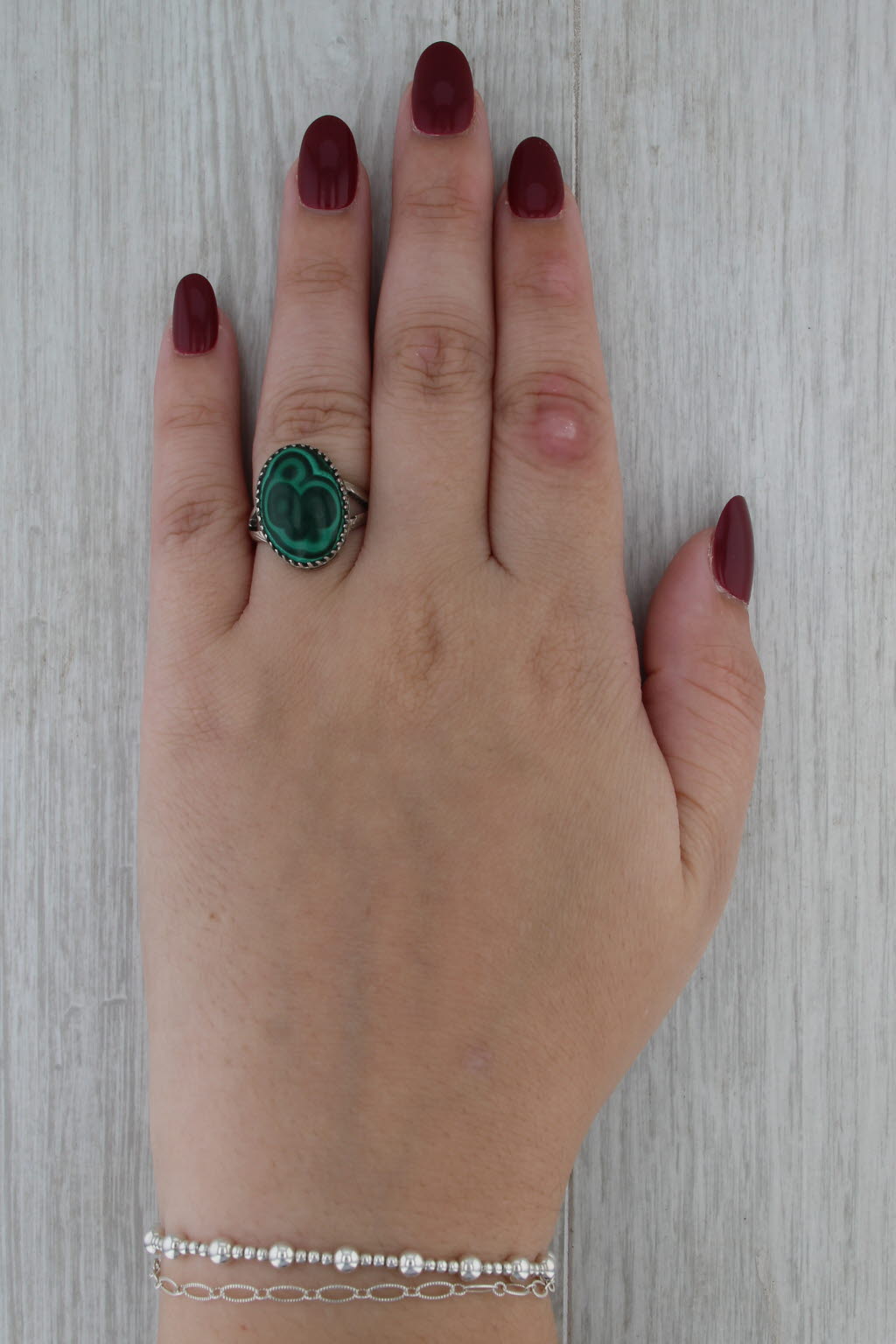 Vintage JH Native American Malachite Ring Sterling Silver Green Oval Cabochon