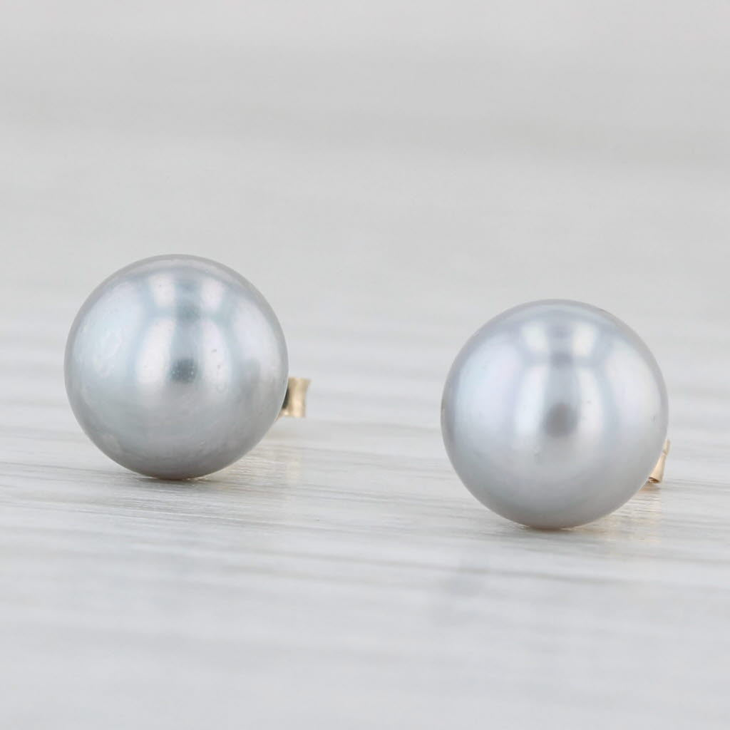 Light Gray Cultured Freshwater Gray Button Pearl Stud Earrings 14k Yellow Gold 7.4mm