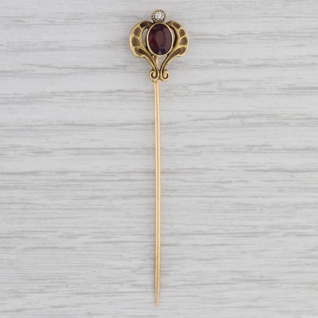 Light Gray Art Nouveau 1.29ctw Garnet Diamond Stickpin 14k Yellow Gold Vintage Pin