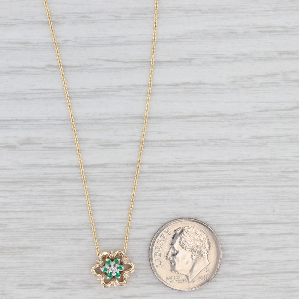 Light Gray Emerald Diamond Flower Pendant Necklace 14k Yellow Gold Adjustable Cable Chain