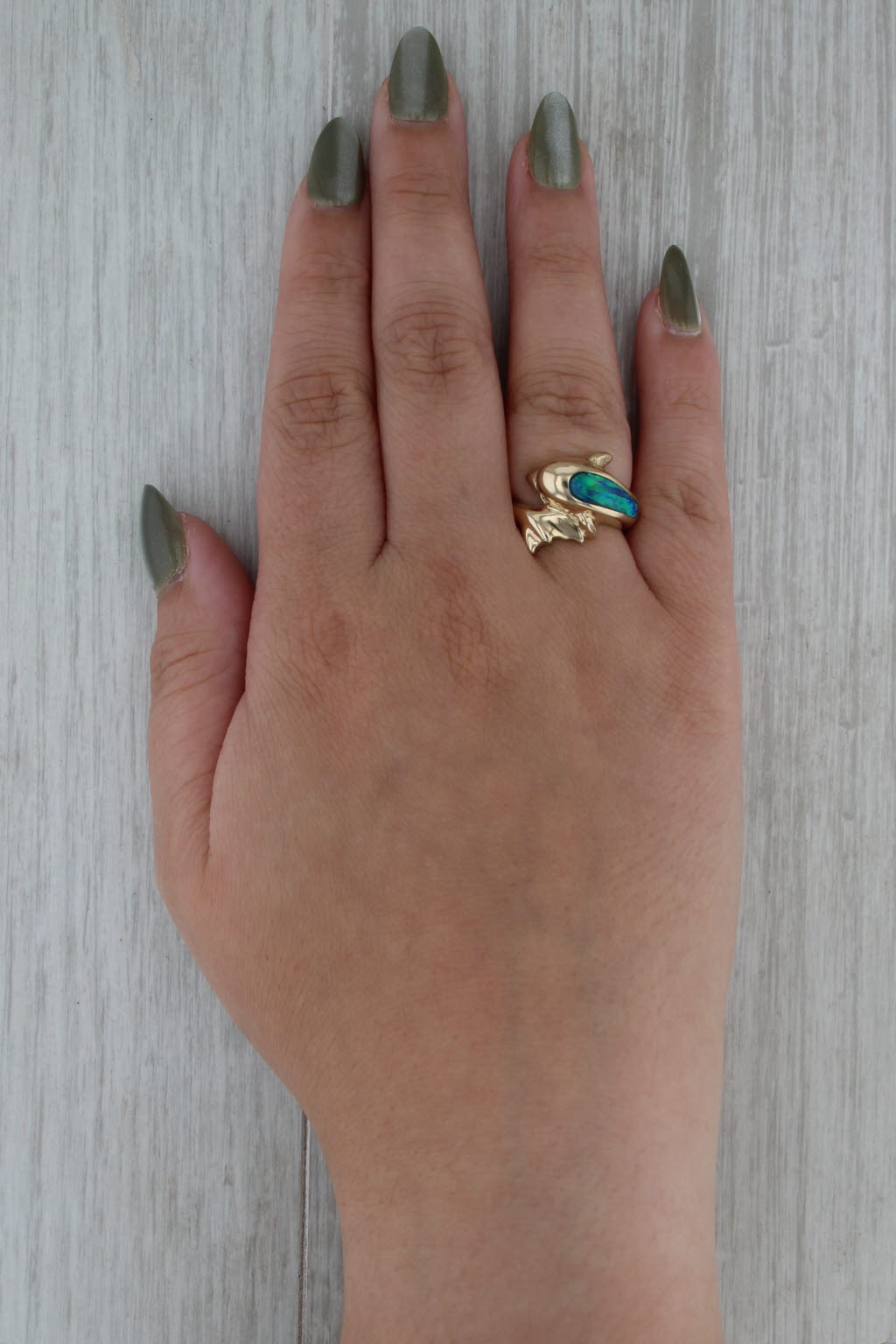 Lab Created Opal Diamond Dolphin Bypass Ring 14k Yellow Gold Size 6.75